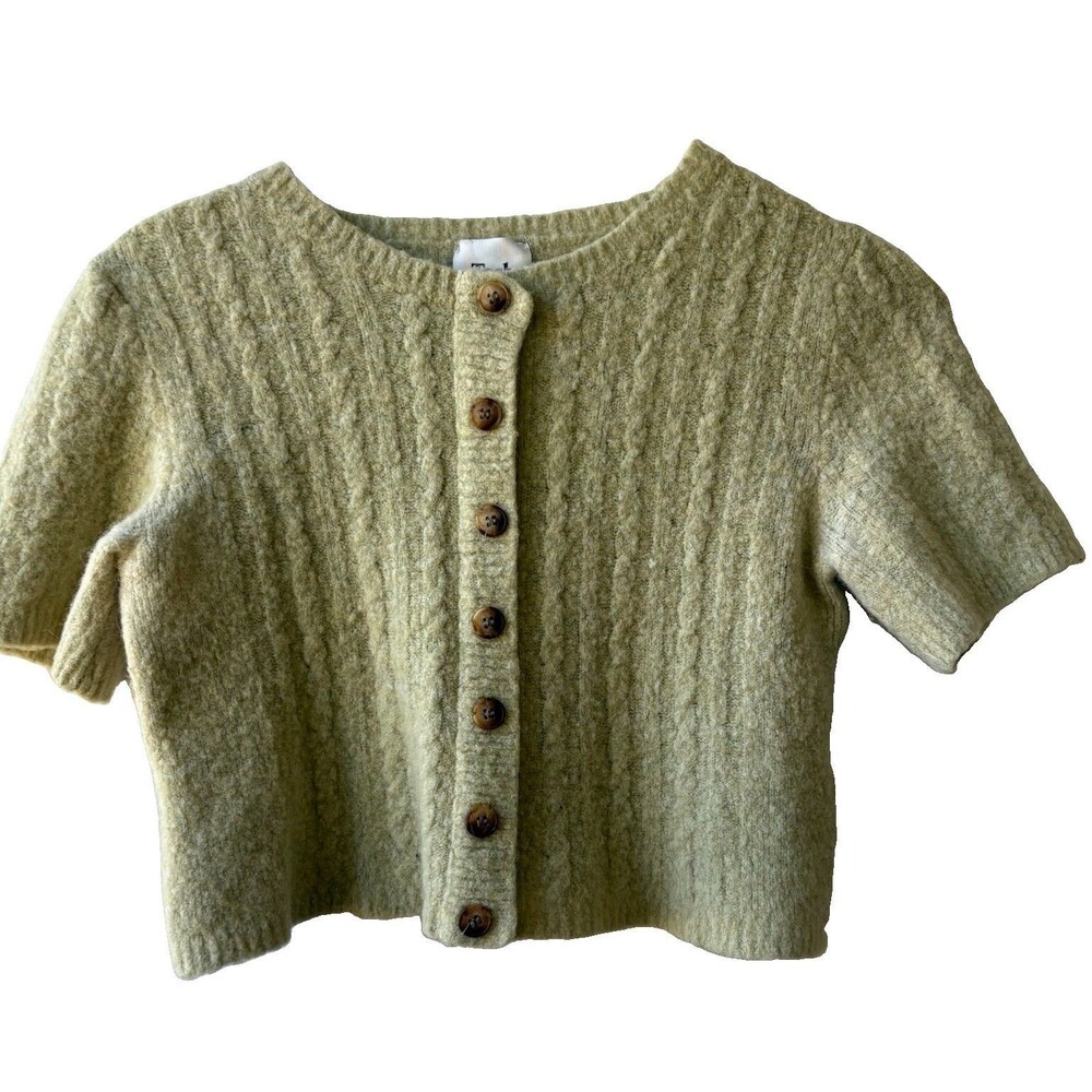 Tach Clothing Womens M Green Knit Short Sleeve Button-Front Cardigan Crop